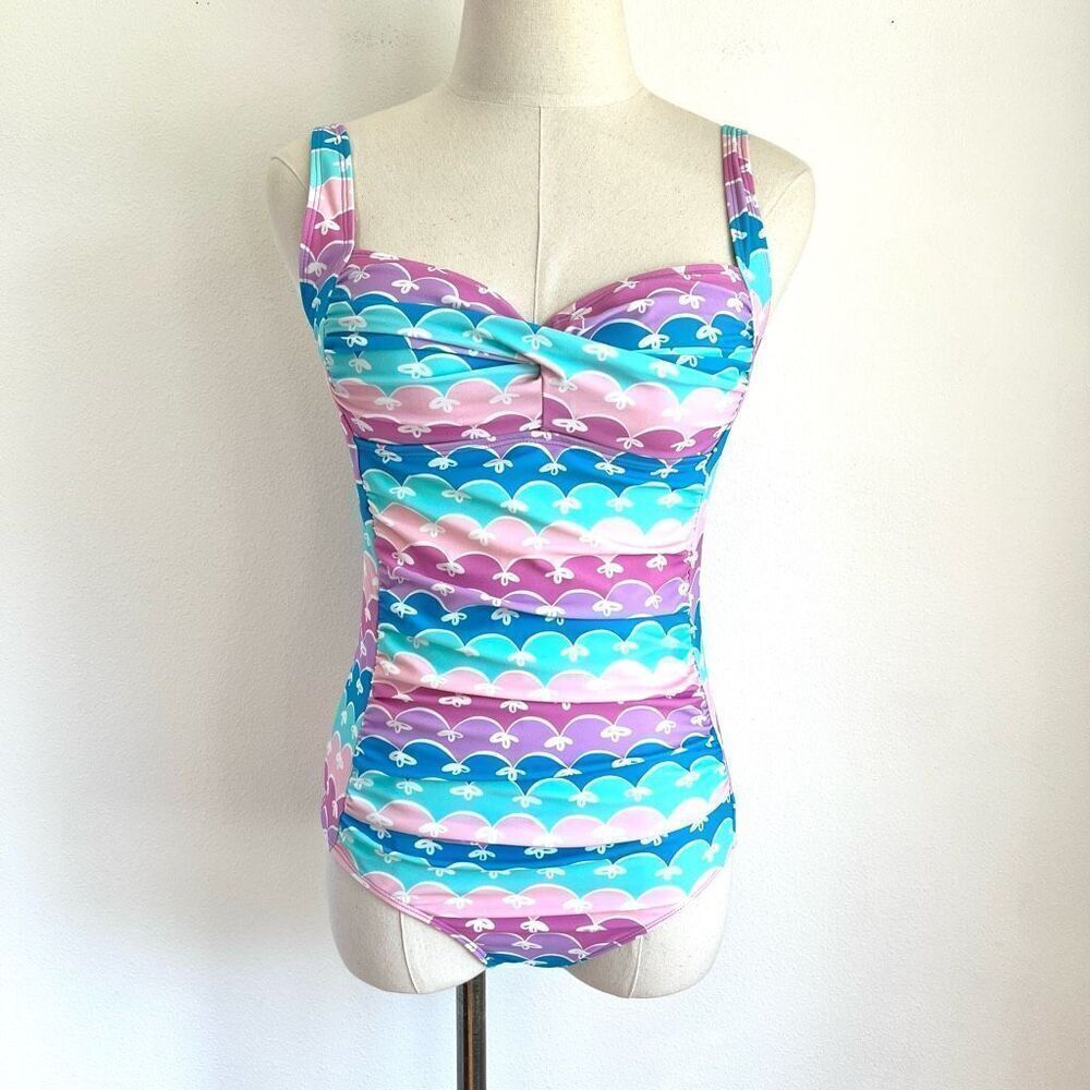 Romenza One Piece Swimsuit Adorable Pastel Color Stripes with Bow Print Size